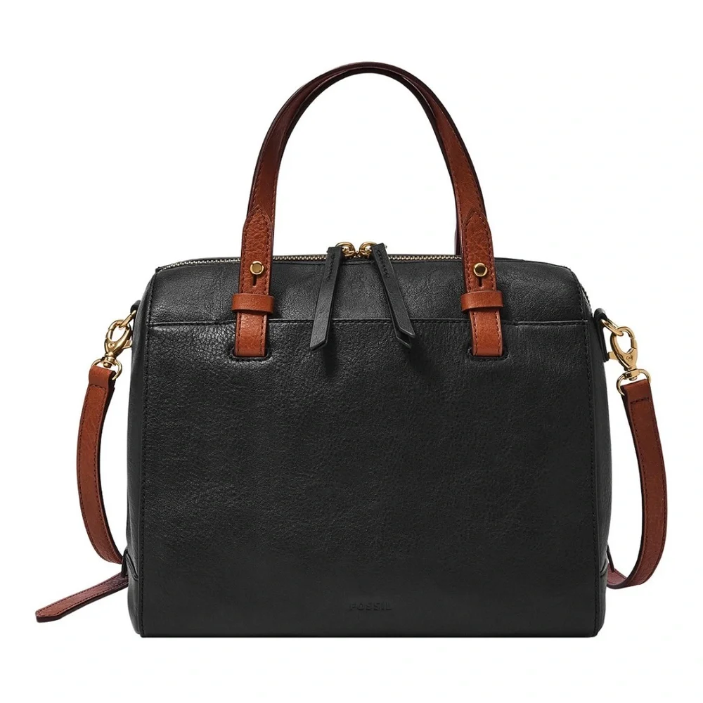 Fossil Black Brown Rachel Small Leather Satchel Purse Handbag Classic - no strap